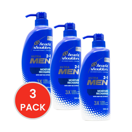 HEAD AND SHOULDERS 550mL ANTI DANDRUFF SHAMPOO AND CONDITIONER ULTRA MEN 2 IN 1 MOISTURE RECHARGE WITH DEEP SEA EXTRACT (3x Pack)