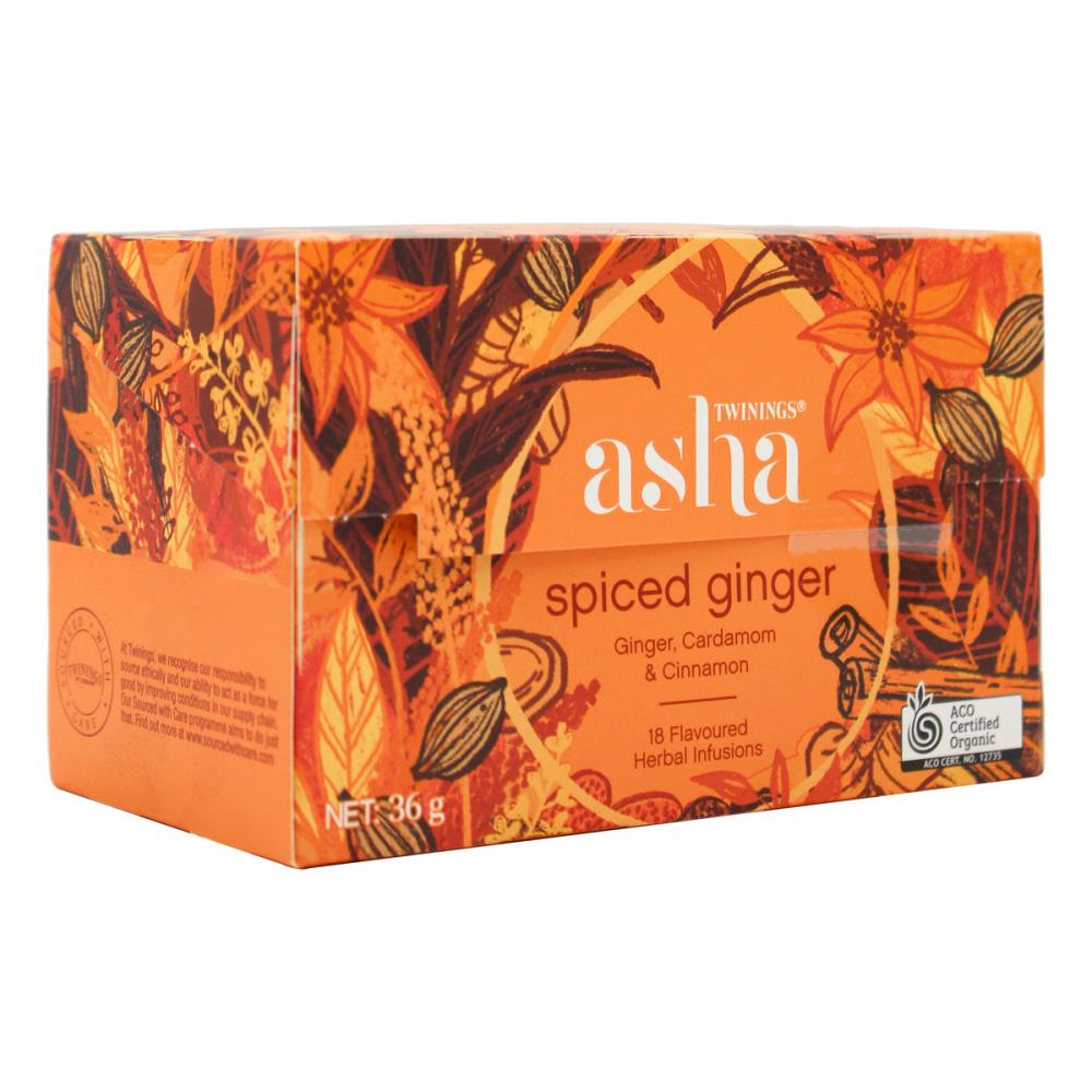 TWININGS PK18 x 36g ASHA SPICED GINGER CARDAMOM & CINNAMON FLAVOURED HERBAL INFUSIONS (6x pack)