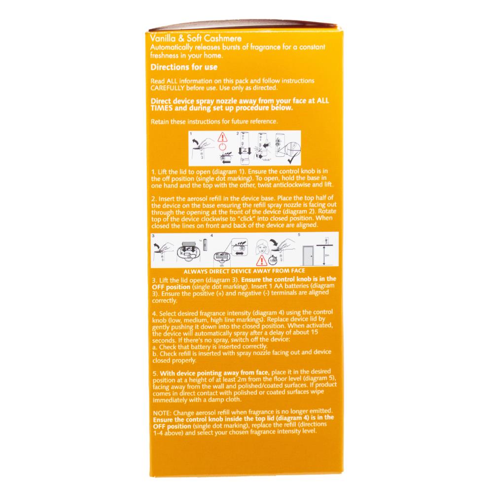 AIR WICK 174g AUTOMATIC SPRAY ESSENTIAL OILS 24/7 DEVICE REFILL AND BATTERY INCLUDED VANILLA AND SOFT CASHMERE (3x Pack)