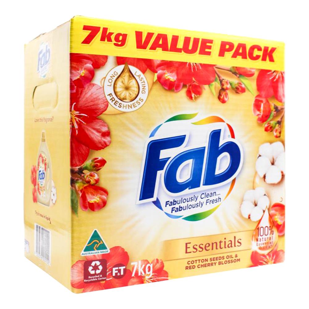 Fab 7kg Laundry Powder Essentials Cotton Seeds Oil & Red Cherry Blossom Front & Top Loader (1x Pack)