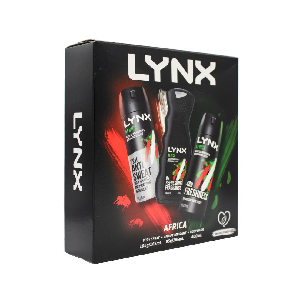 Lynx Gift Set Africa Trio 106g / 165ml Bodyspray 95g / 165ml Antiperspirant 400<ml Bodywash (8x Pack)