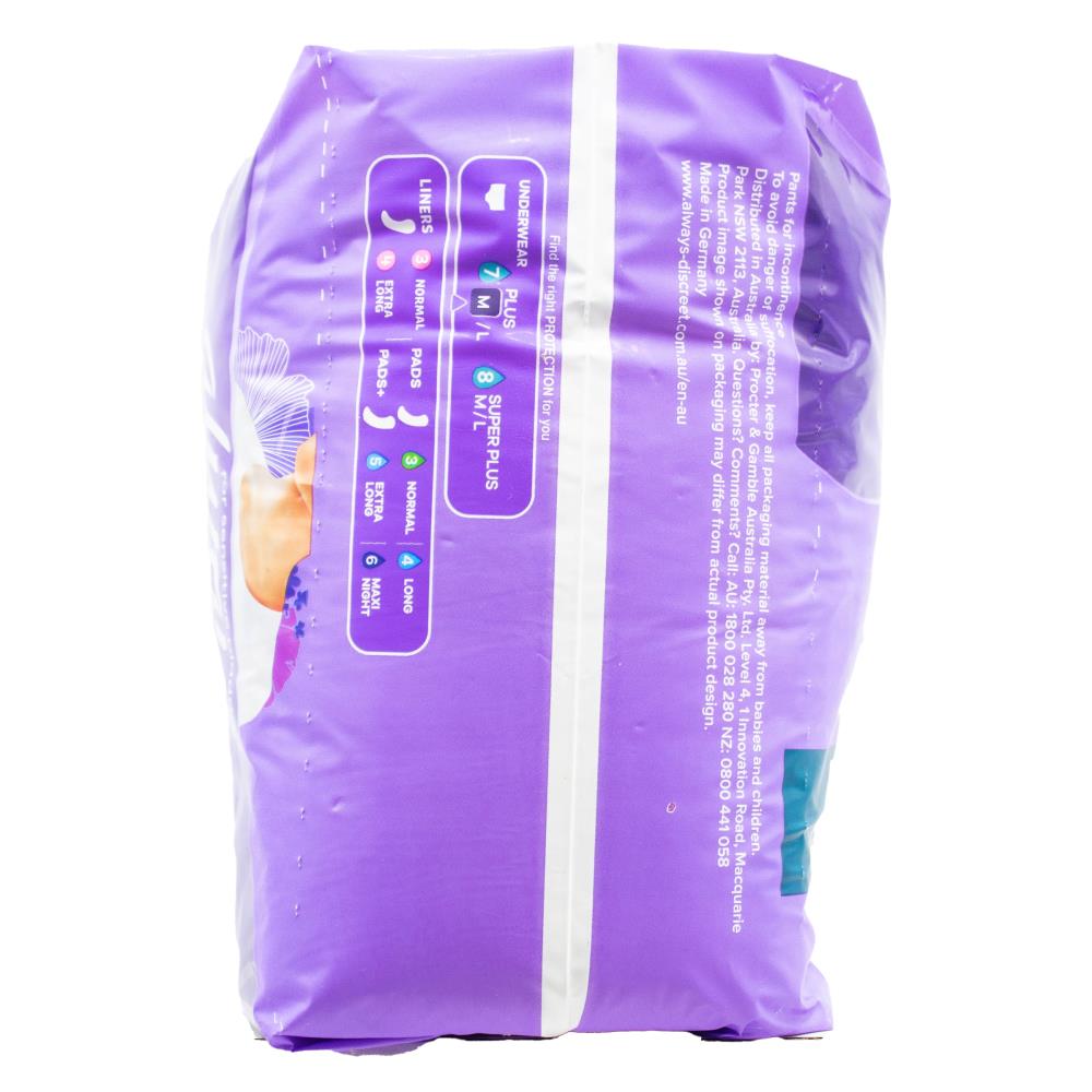 Always Pants Discreet for Sensitive Bladder 3 in 1 Odour Control Dryness and Comfort Plus M 10-16 70-100cm 2 X 9pk (Value Pack 18)