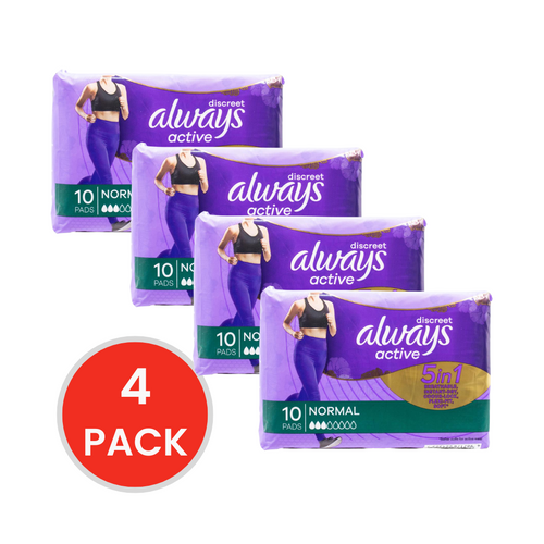 Always Pads Discreet 5 in 1 Breathable Instant Dry Odour Lock Flexi Fit Soft Active Normal 4 X 10pk (Value Pack 40)