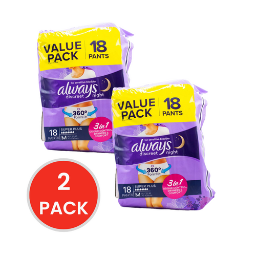 Always Pants Discreet Night for Sensitive Bladder Super Plus M 10-16 70-100cm 2 X 18pk (Value Pack 36)