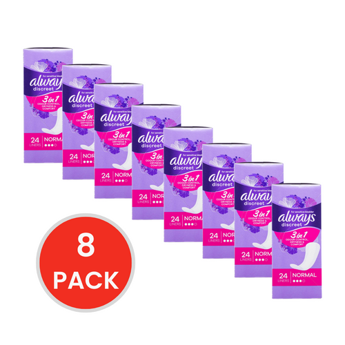 Always Liners Discreet for Sensitive Bladder 3 in 1 Odour Control Dryness and Comfort Normal 8 X 24pk (Value Pack 192)