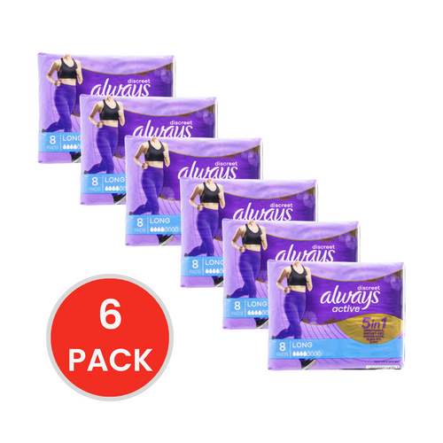 Always Pads Discreet 5 in 1 Breathable Instant Dry Odour Lock Flexi Fit Soft Active Long 6 X 8pk (Value Pack 48)