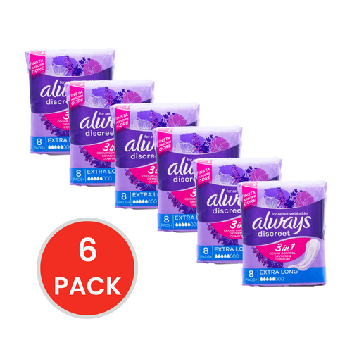 Always Pads Discreet for Sensitive Bladder 3 in 1 Odour Control Dryness and Comfort Extra Long 6 X 8pk (Value Pack 48)