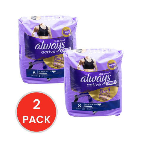 Always Pants Discreet 5 in 1 Breathable Instant Dry Odour Lock Flexi Fit Soft Active Super Plus L 16-22 95-125cm 2 X 8pk (Value Pack 16)