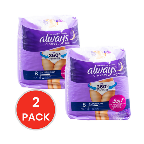 Always Pants Discreet Night for Sensitive Bladder 3 in 1 Odour Control Dryness and Comfort Super Plus L 16-22 95-125cm 70-100cm 2 X 8pk (Value Pack 16)