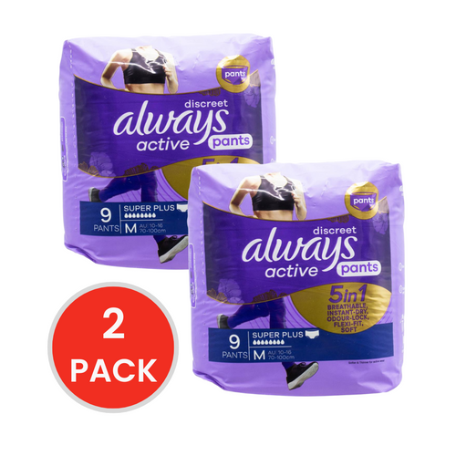 Always Pants Discreet 5 in 1 Breathable Instant Dry Odour Lock Flexi Fit Soft Active Super Plus Medium 10-16 70-100cm 2 X 9pk (Value Pack 18)