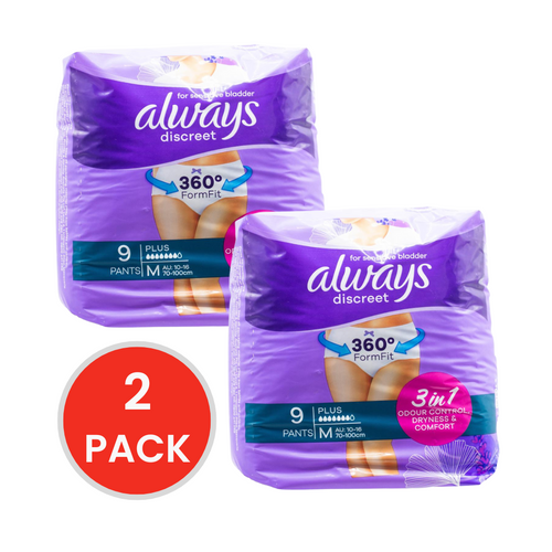 Always Pants Discreet for Sensitive Bladder 3 in 1 Odour Control Dryness and Comfort Plus M 10-16 70-100cm 2 X 9pk (Value Pack 18)