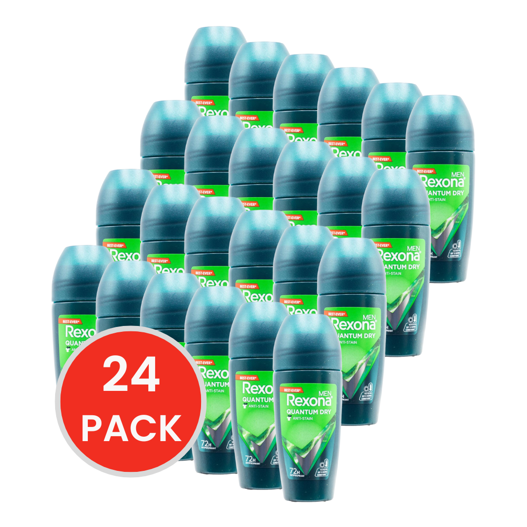 REXONA 45mL DEODORANT MEN ROLL ON 72 HOUR QUANTUM DRY (24x Pack)