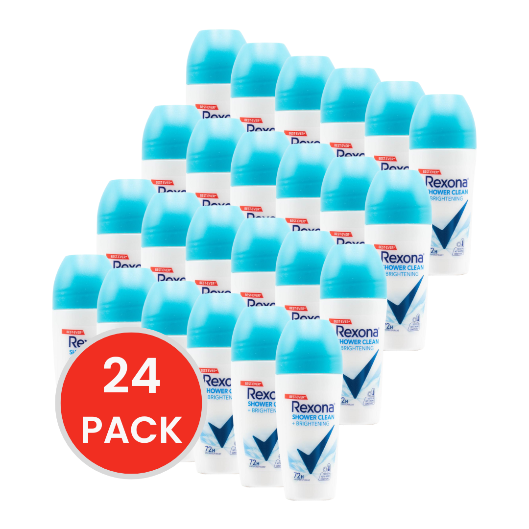 REXONA 45mL DEODORANT WOMEN ROLL ON 72 HOUR SHOWER CLEAN + BRIGHTENING (24x Pack)