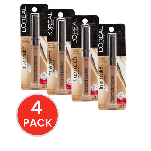 LOREAL PARIS CONCEALER TRUE MATCH BEIGE 4.N 6.8ml (4x Pack)