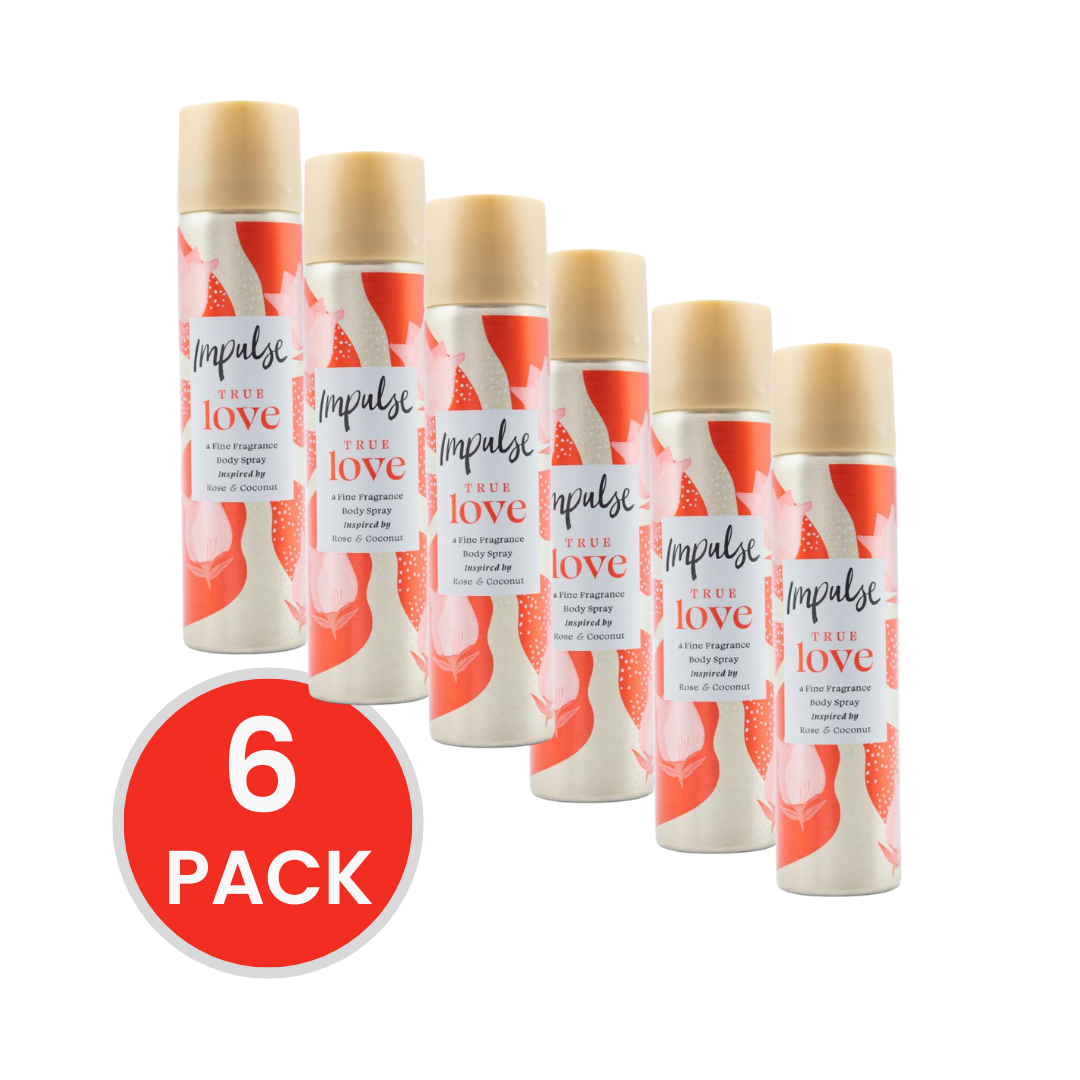 IMPULSE 50g / 75ml BODY SPRAY TRUE LOVE INSPIRED BY ROSE AND COCONUT (6 x Pack)