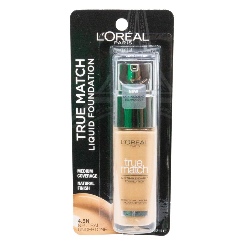 LOREAL 30mL FOUNDATION TRUE MATCH MEDIUM COVERAGE NEUTRAL UNDERTONE 4.5N CARDED (2x Pack)