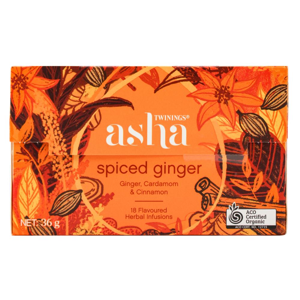 TWININGS PK18 x 36g ASHA SPICED GINGER CARDAMOM & CINNAMON FLAVOURED HERBAL INFUSIONS (6x pack)