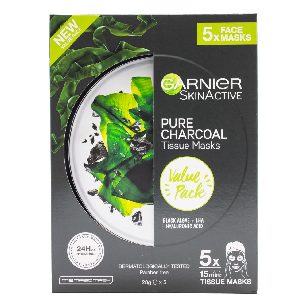 Garnier Skinactive Pk5 X 28g Pure Charcoal Tissue Masks (4x Pack)
