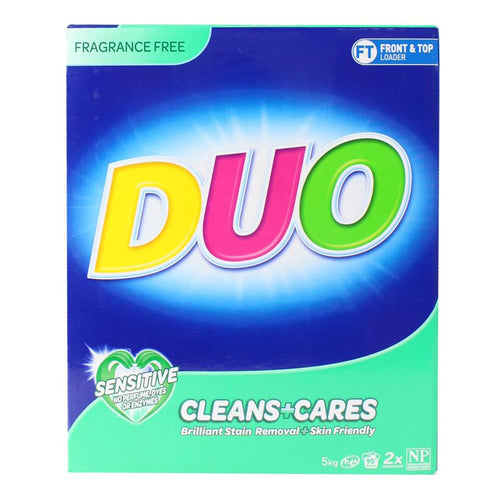 DUO 5KG FRAGRANCE FREE SENSITIVE CLEANS + CARES
