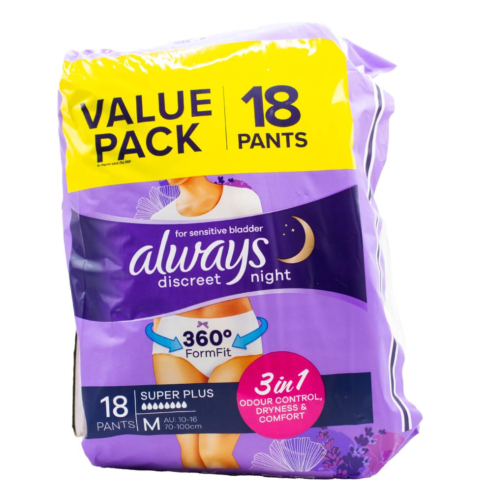 Always Pants Discreet Night for Sensitive Bladder Super Plus M 10-16 70-100cm 2 X 18pk (Value Pack 36)