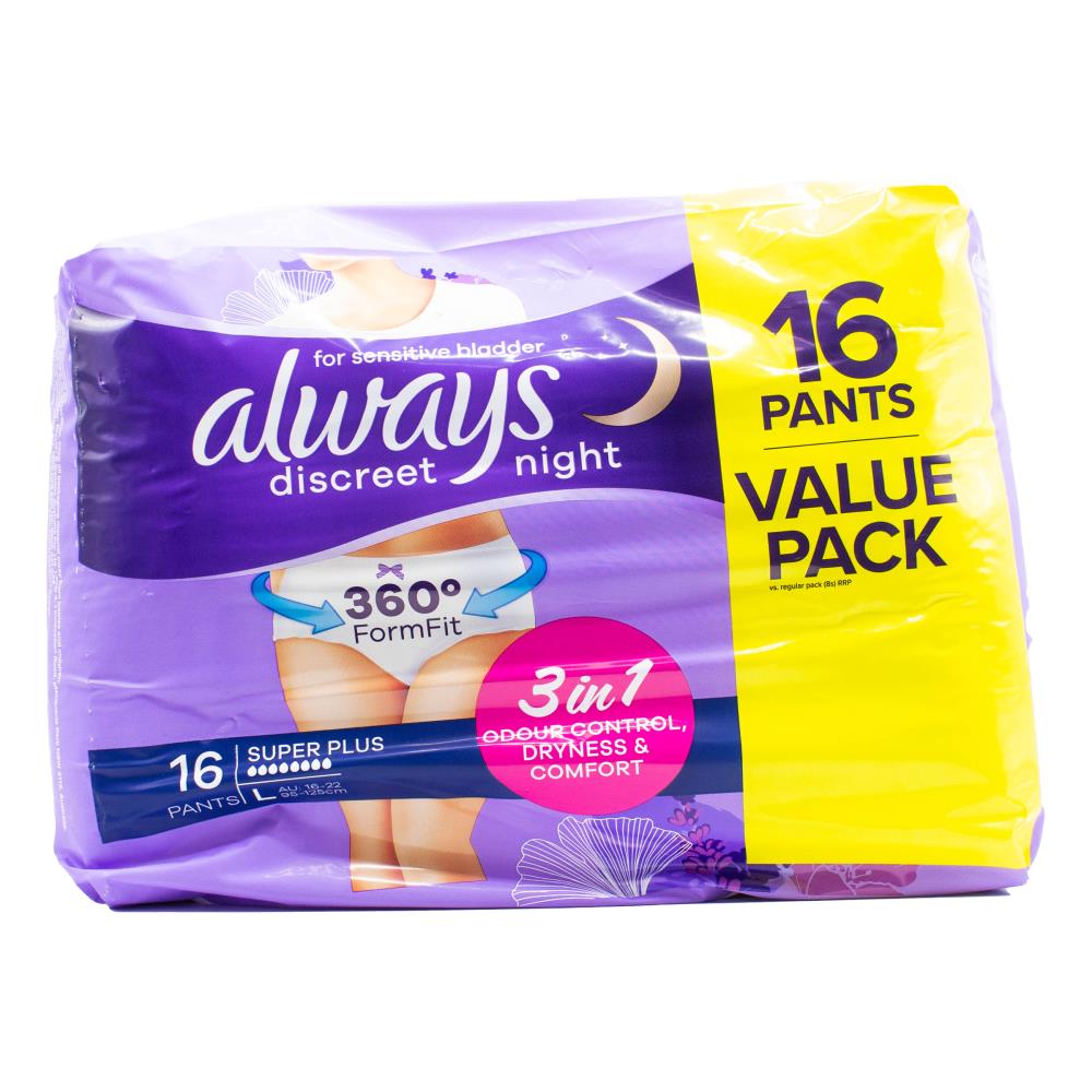 Always Pants Discreet Night for Sensitive Bladder Super Plus L 16-22 95-125cm 2 X 16pk (Value Pack 32)