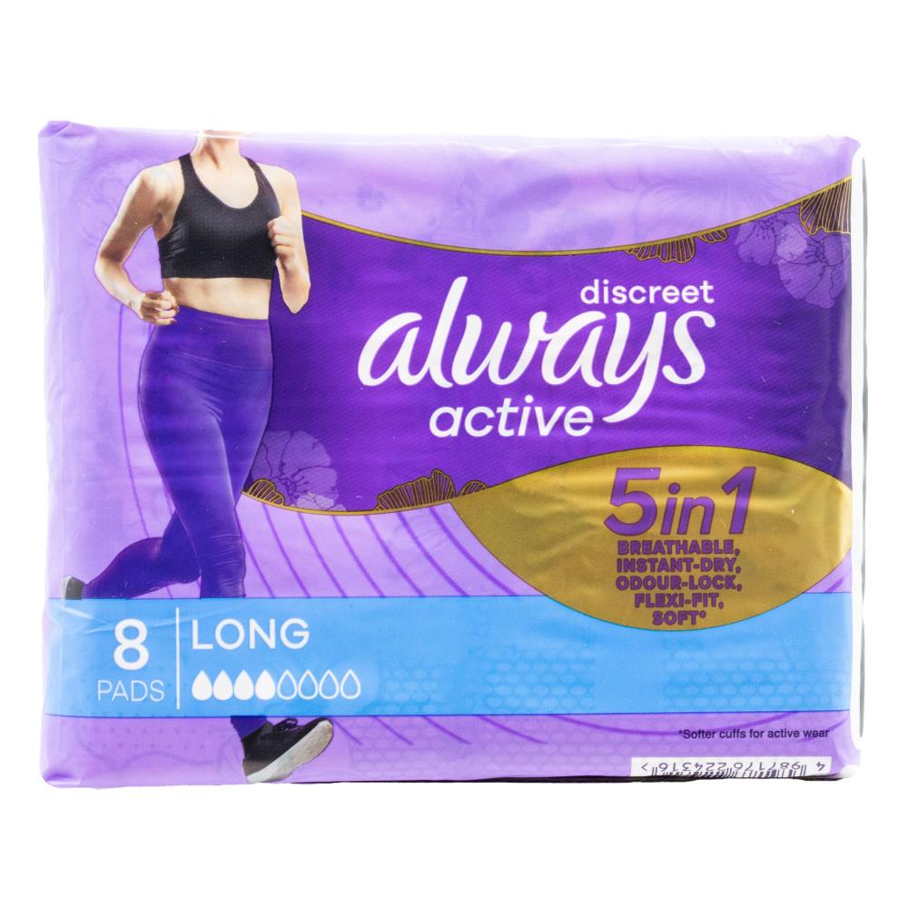 Always Pads Discreet 5 in 1 Breathable Instant Dry Odour Lock Flexi Fit Soft Active Long 6 X 8pk (Value Pack 48)