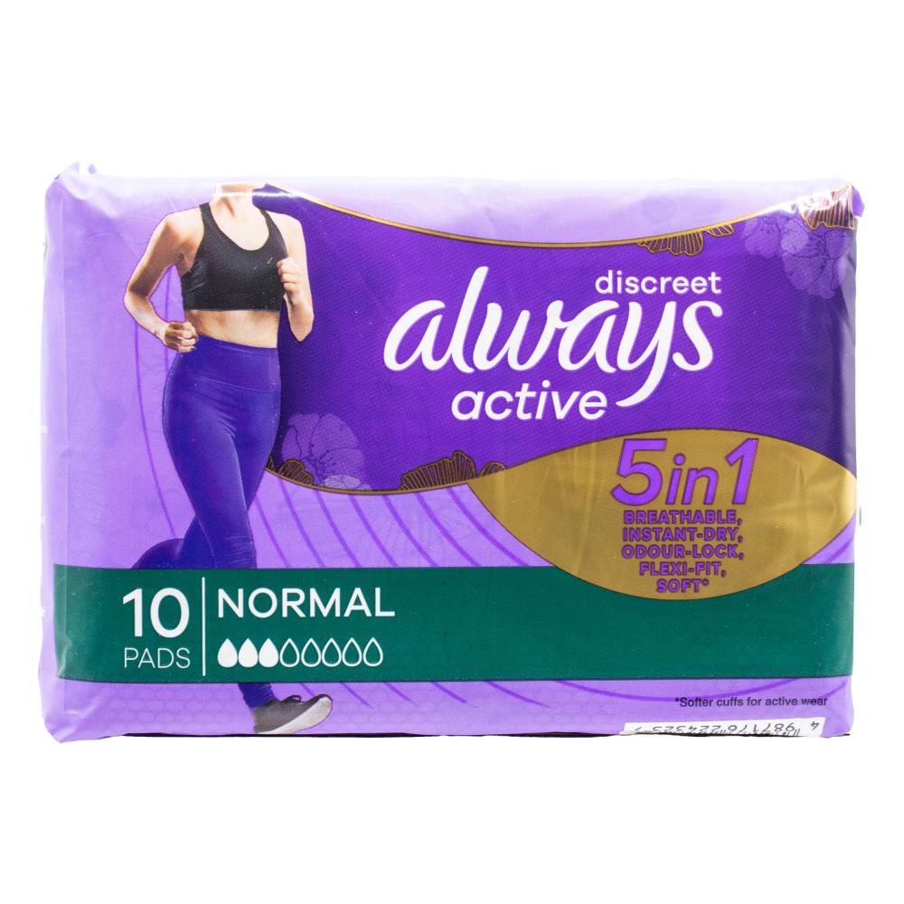 Always Pads Discreet 5 in 1 Breathable Instant Dry Odour Lock Flexi Fit Soft Active Normal 4 X 10pk (Value Pack 40)