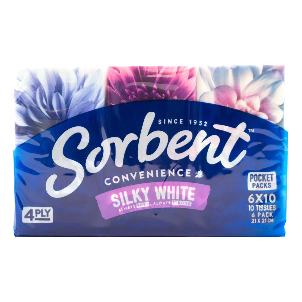 Sorbent 10 Tissues Silky White Soft & Strong Pocket Packet (21cm X 21cm) 12 x 6Pk (72 Pack)