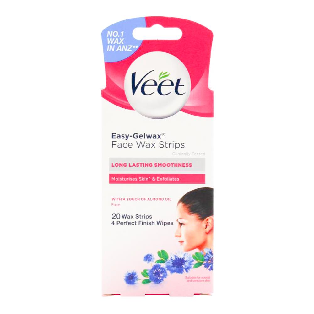 Veet Pk20 Easy- Gelwax Stirps Face Precision For Sensitive Skin Almond Oil And Vitamin E Fragrance + 4 Perfect Finish Wipes (12x Pack)
