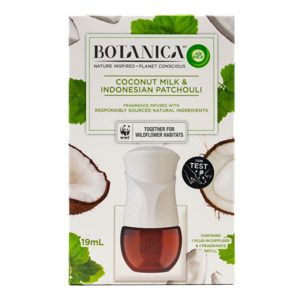 Air Wick 19ml Botanica X1 Plug In Diffuser And Fragrance Refill Coconut Milk And Indonesian Patchouli (4x Pieces)