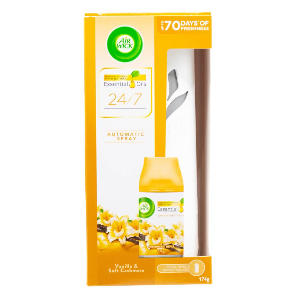 AIR WICK 174g AUTOMATIC SPRAY ESSENTIAL OILS 24/7 DEVICE REFILL AND BATTERY INCLUDED VANILLA AND SOFT CASHMERE (3x Pack)