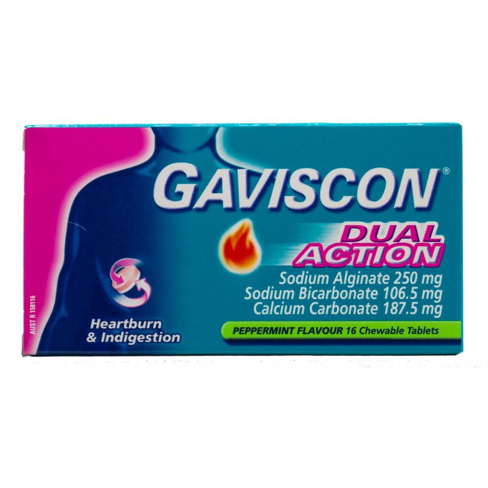 Gaviscon Pk16 Chewable Tablets Dual Action Heartburn And Indigestion Peppermint (6x Pack)
