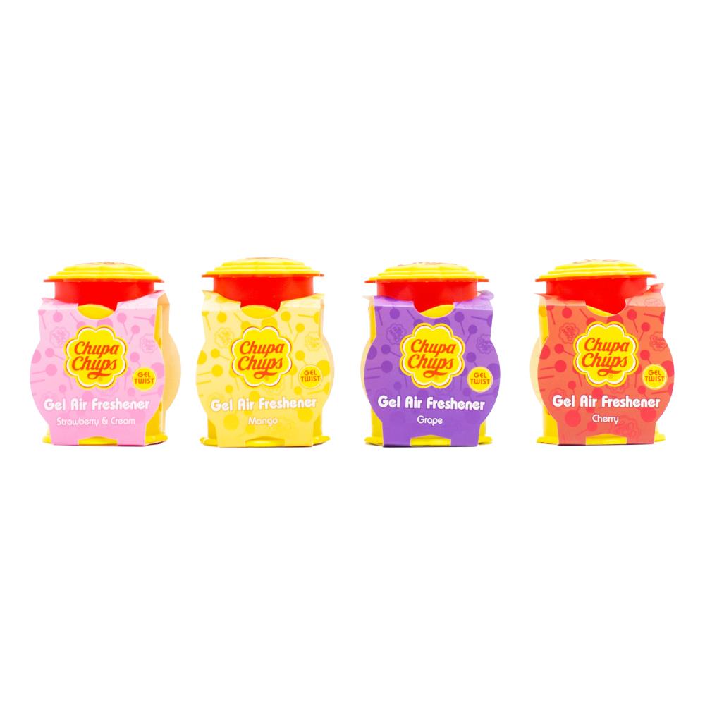 CHUPA CHUPS AIR FRESHENER GEL TWIST x3 MANGO x3 STRAWBERRY AND CREAM x3 GRAPE x3 CHERRY 73g (12x Value Pack)