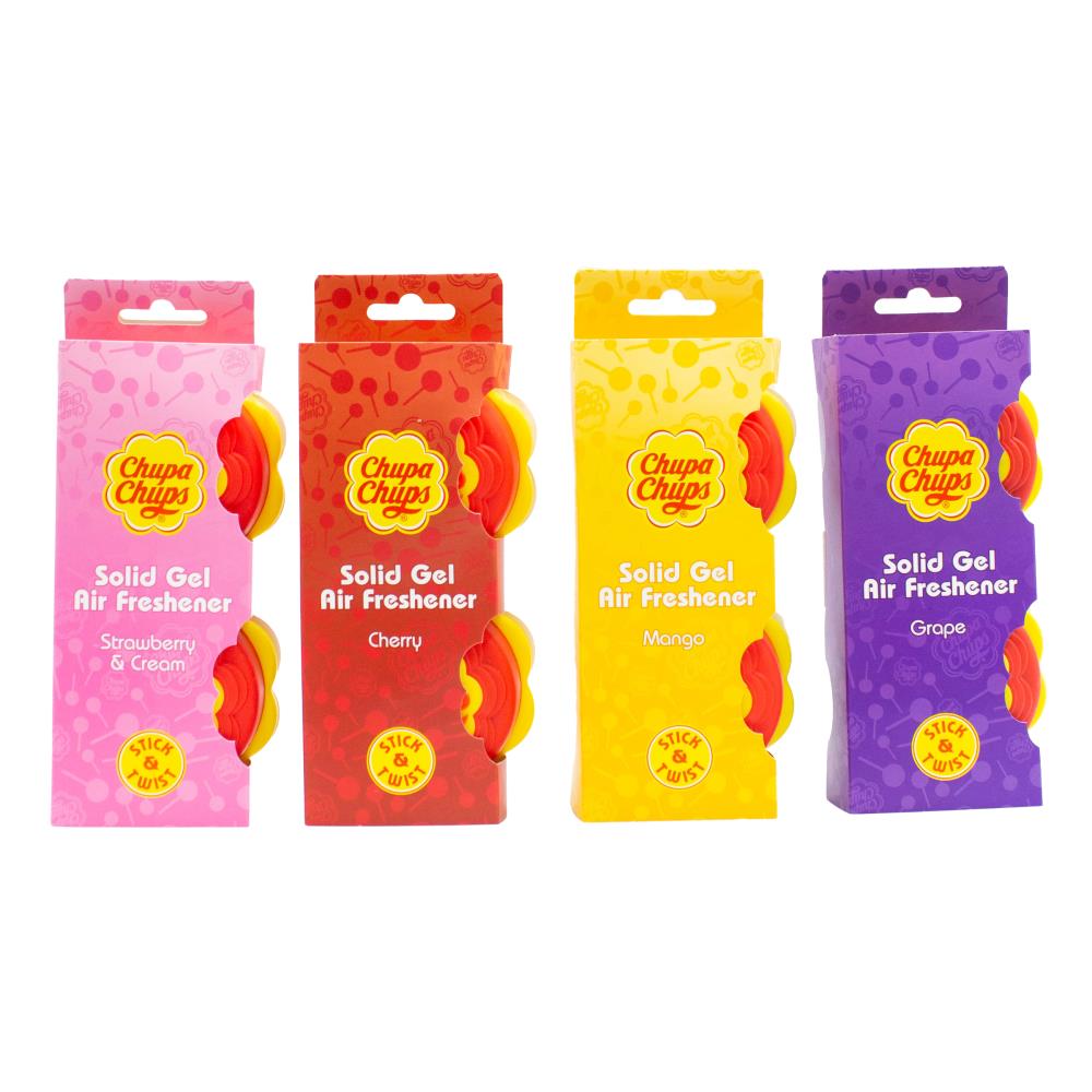 CHUPA CHUPS AIR FRESHENER SOLID GEL ASSORTED x6 GRAPE x6 CHERRY x6 MANGO x6 STRAWBERRY AND CREAM STICK AND TWIST 40g x 2Pk (Value Pack 48)