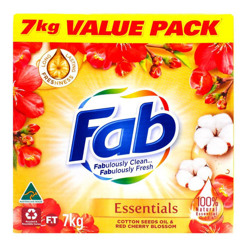 Fab 7kg Laundry Powder Essentials Cotton Seeds Oil & Red Cherry Blossom Front & Top Loader (1x Pack)