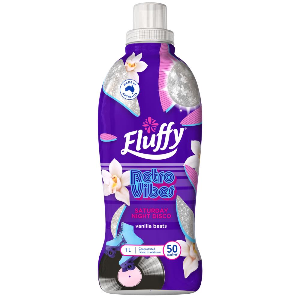 FLUFFY 1l FABRIC CONDITIONER CONCENTRATED RETRO VIBES SATURDAY NIGHT DISCO VANILLA BEATS (8x Pack)