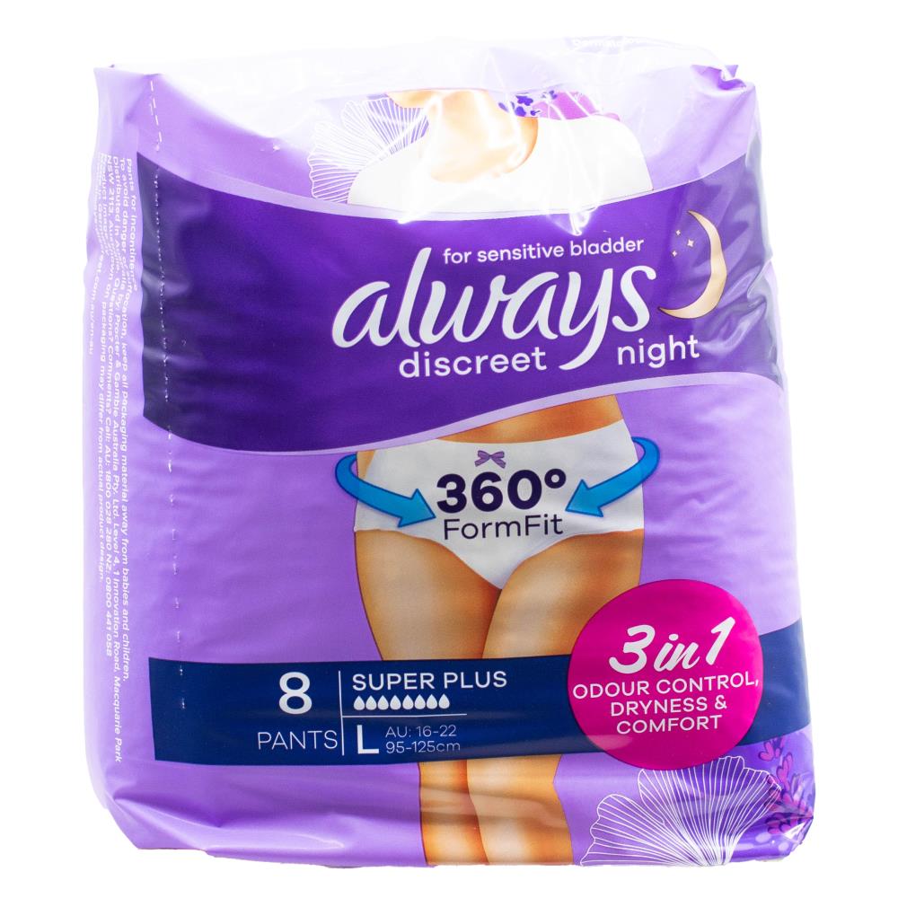 Always Pants Discreet Night for Sensitive Bladder 3 in 1 Odour Control Dryness and Comfort Super Plus L 16-22 95-125cm 70-100cm 2 X 8pk (Value Pack 16)