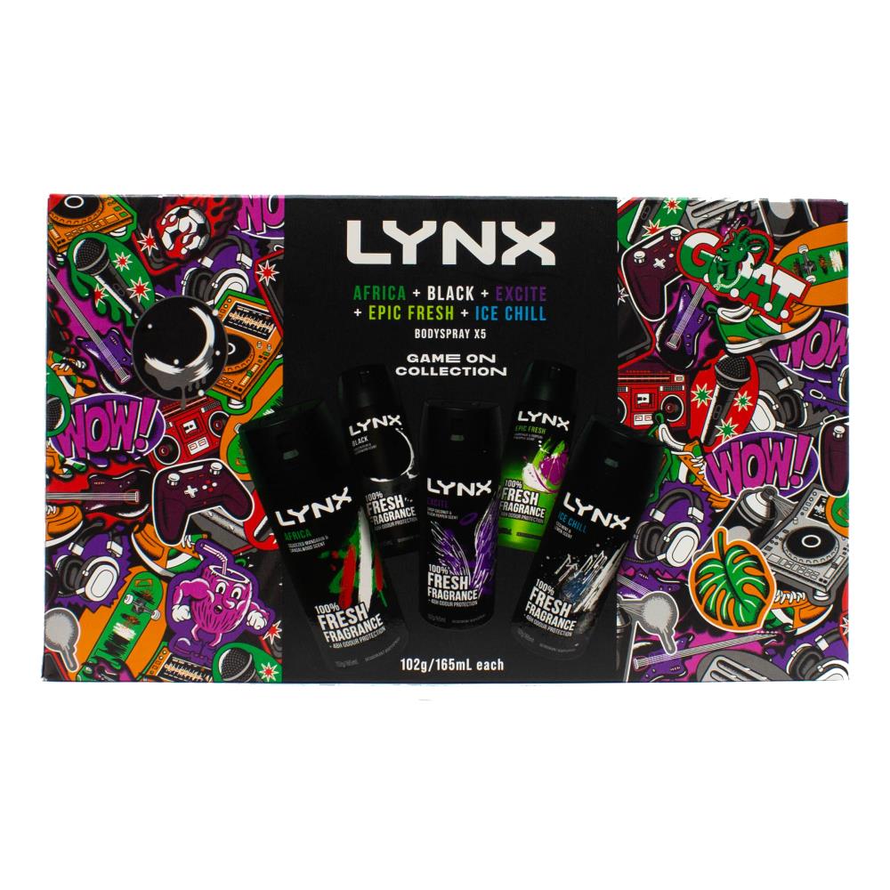 Lynx Pk5 Gift Set Game On Collection 102g / 165ml Bodyspray X1 Africa X1 Black X1 Excite X1 Epic Fresh X1 Ice Chill (6x Pack)