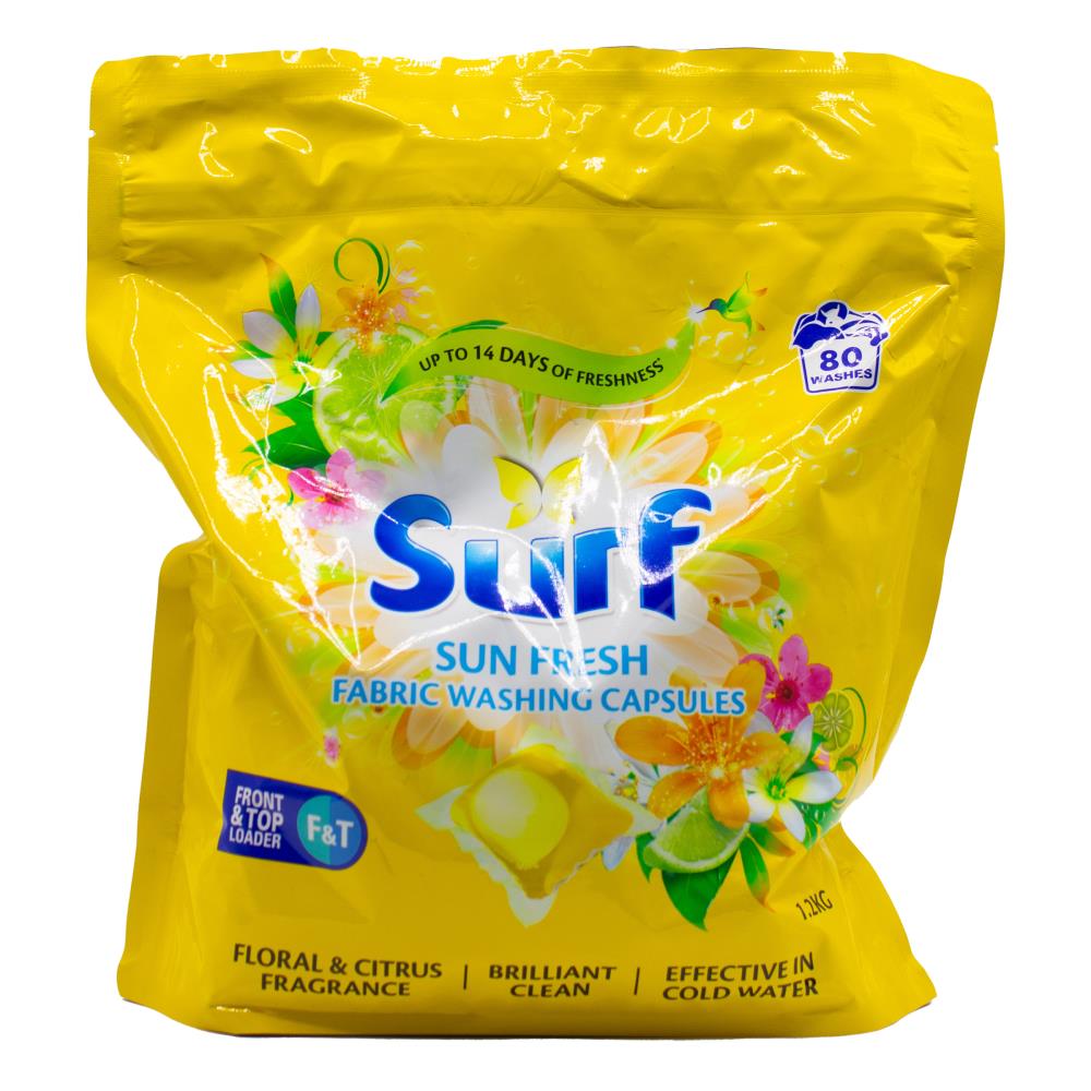 Surf Pk80 Fabric Washing Capsules Front And Top Loder Sun Fresh (6x Pack)