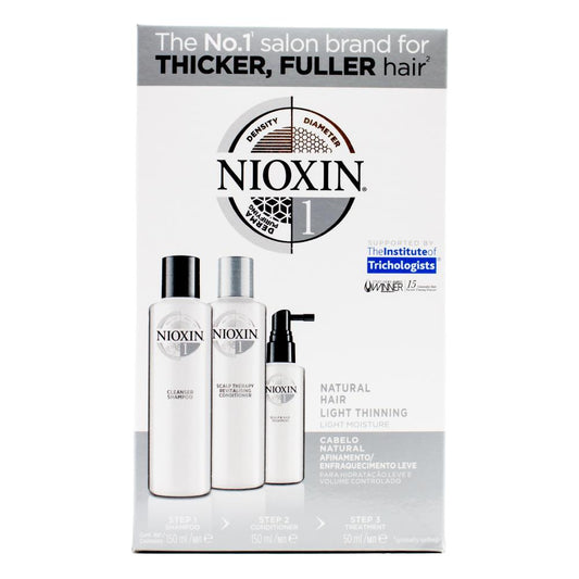 Nioxin Pk3 150ml Shampoo, 150ml Conditioner 50ml Treatment Thicker Fuller Hair Natural Hair Light Thinning System 1 Step 3