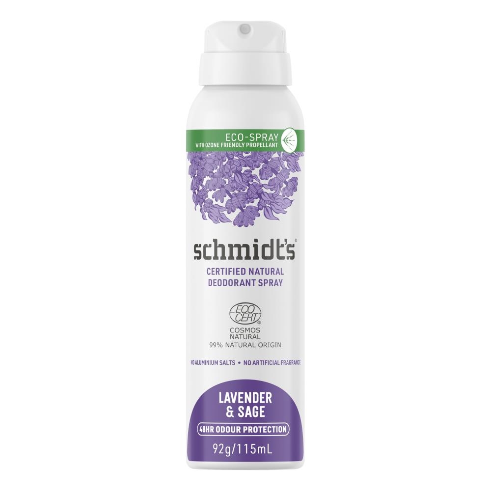 SCHMIDTS 92g / 115ml DEODORANT SPRAY CERTIFIED NATURAL 48HR ODOUR PROTECTION LAVENDER AND SAGE (6x Pack)