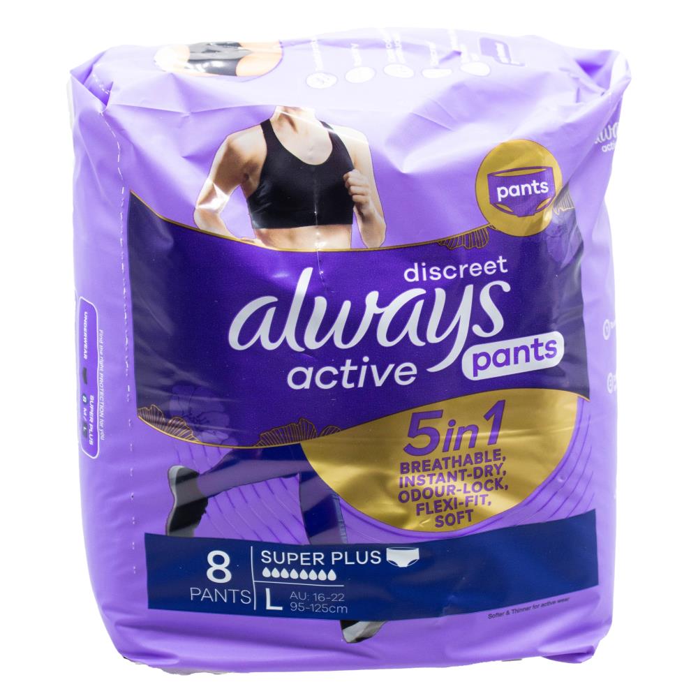 Always Pants Discreet 5 in 1 Breathable Instant Dry Odour Lock Flexi Fit Soft Active Super Plus L 16-22 95-125cm 2 X 8pk (Value Pack 16)