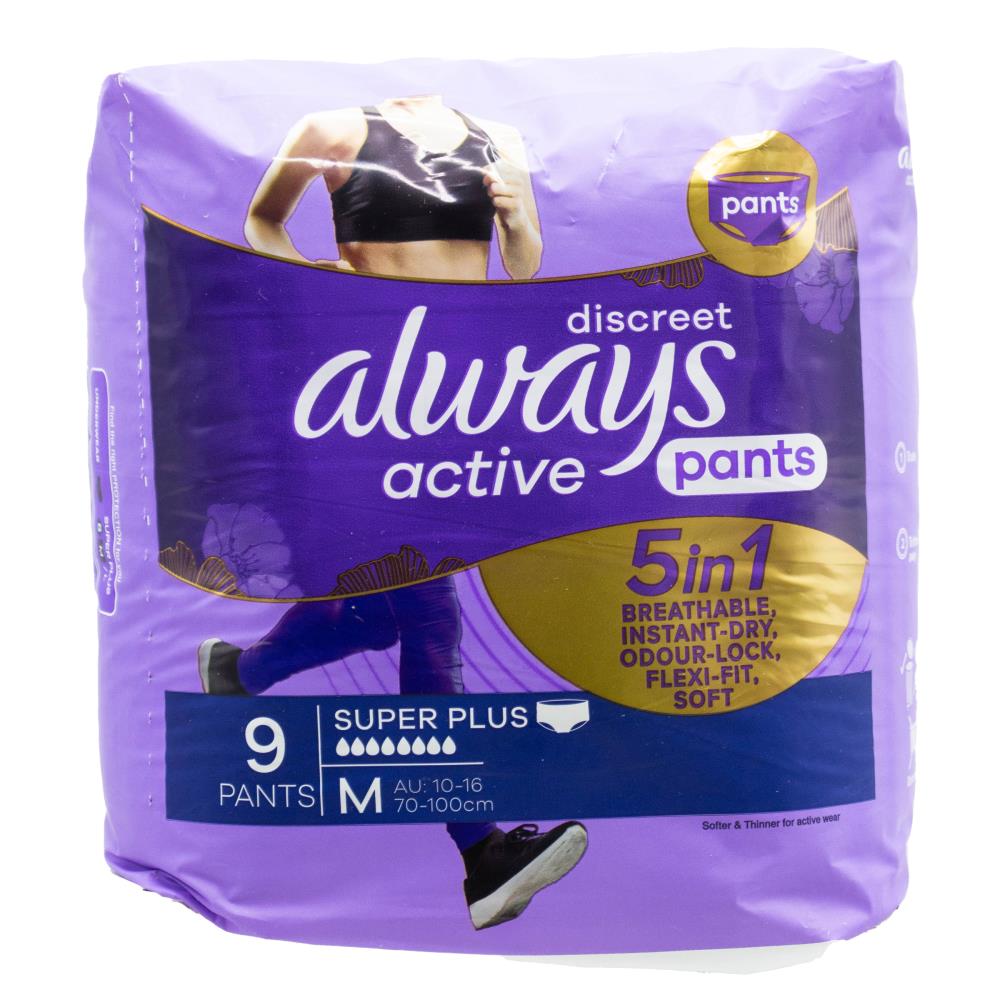 Always Pants Discreet 5 in 1 Breathable Instant Dry Odour Lock Flexi Fit Soft Active Super Plus Medium 10-16 70-100cm 2 X 9pk (Value Pack 18)