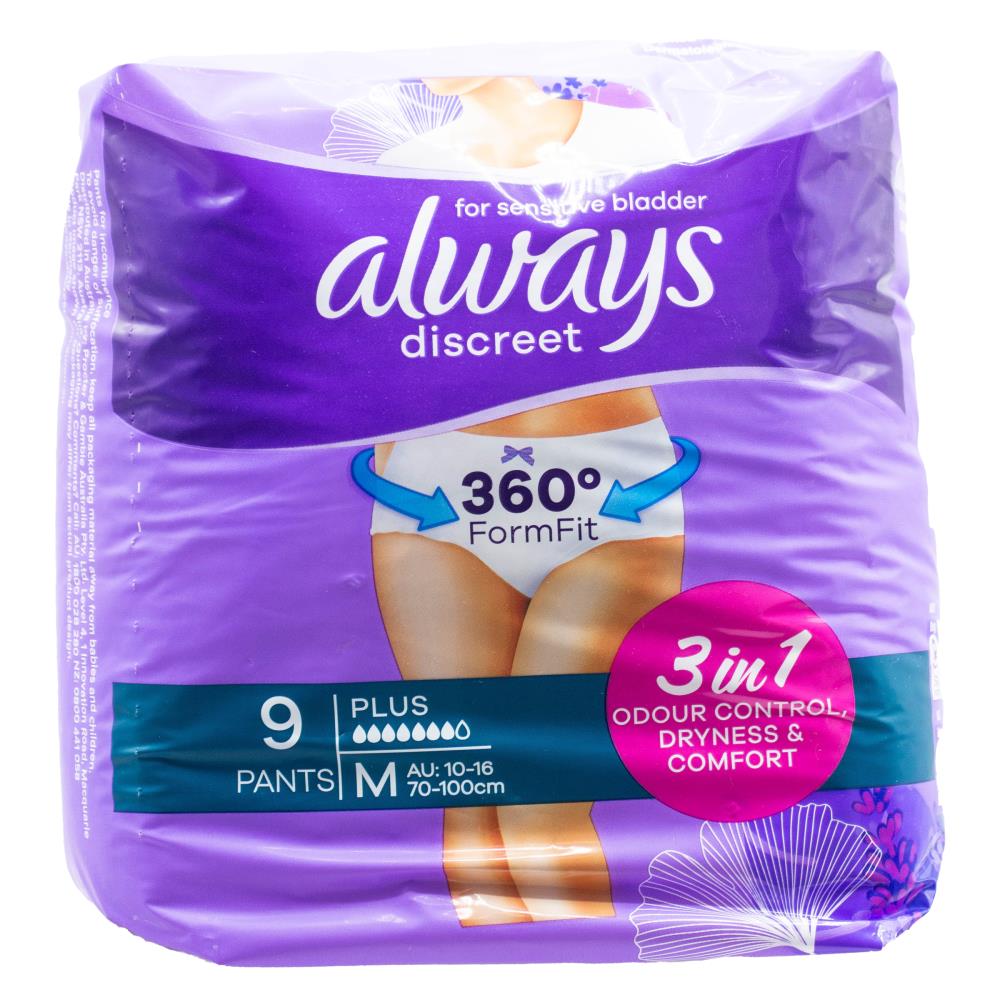 Always Pants Discreet for Sensitive Bladder 3 in 1 Odour Control Dryness and Comfort Plus M 10-16 70-100cm 2 X 9pk (Value Pack 18)
