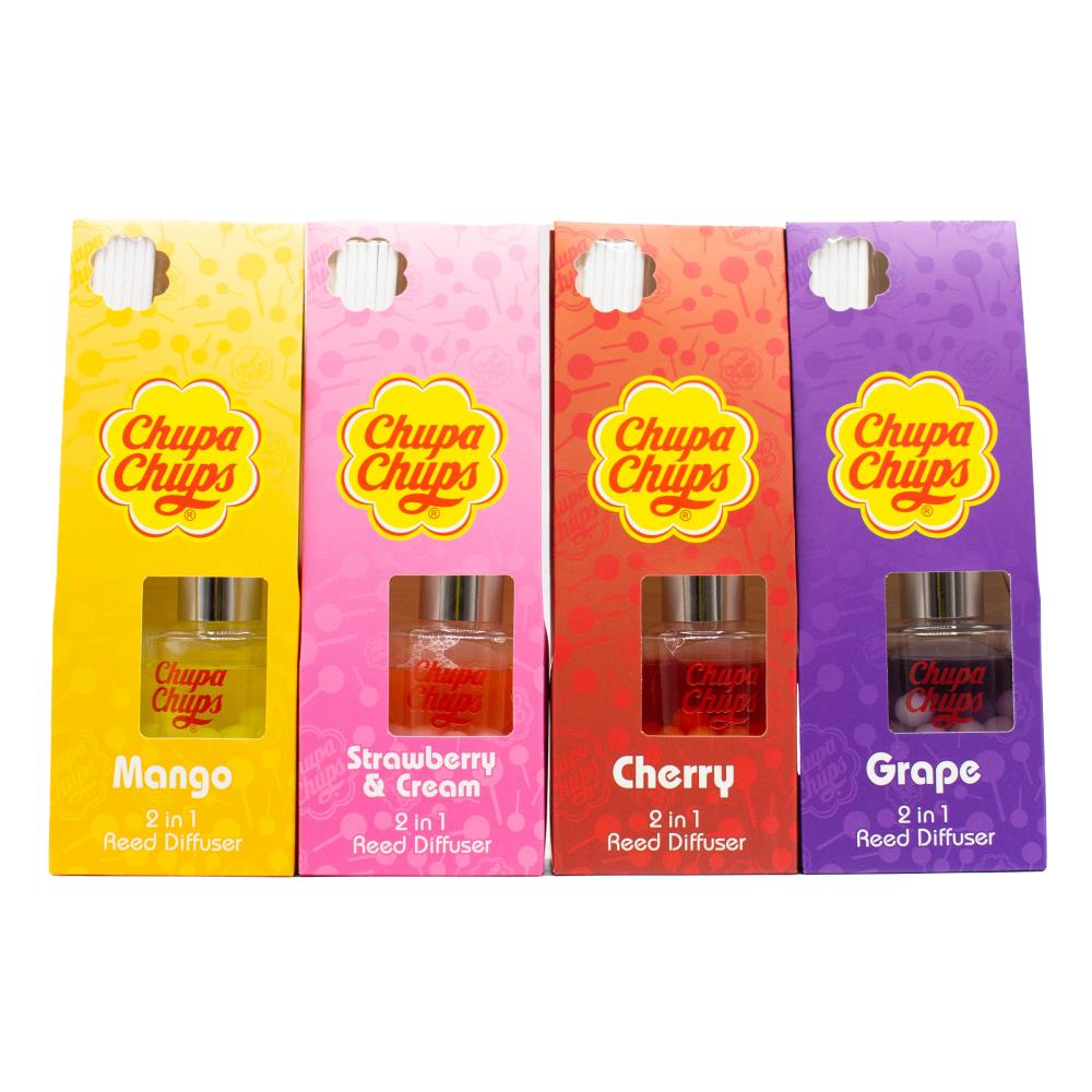 CHUPA CHUPS REED DIFFUSER 2 IN 1 ASSORTED x6 STRAWBERRY AND CREAM x6 MANGO x6 CHERRY x6 GRAPE 30ml (24x Value Pack)