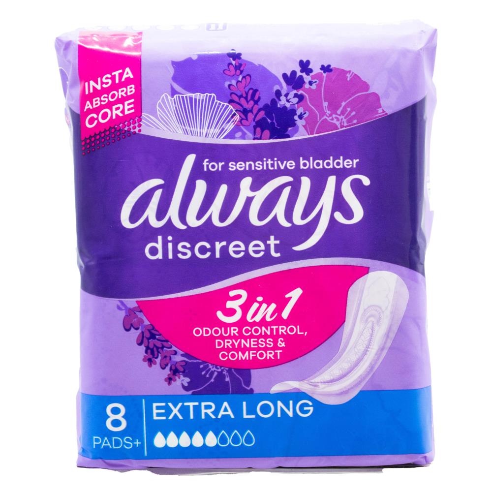 Always Pads Discreet for Sensitive Bladder 3 in 1 Odour Control Dryness and Comfort Extra Long 6 X 8pk (Value Pack 48)
