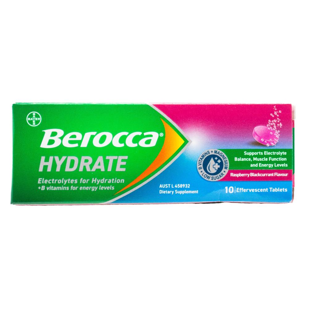 BEROCCA PK10 EFFERVESCENT TABLETS HYDRATE RASPBERRY BLACKCURRANT FLAVOUR (10x Pack)