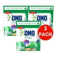3 x OMO Laundry 3-in-1 Capsules Odour Eliminator & Top Loader Pk17 357g (51 Capsules)