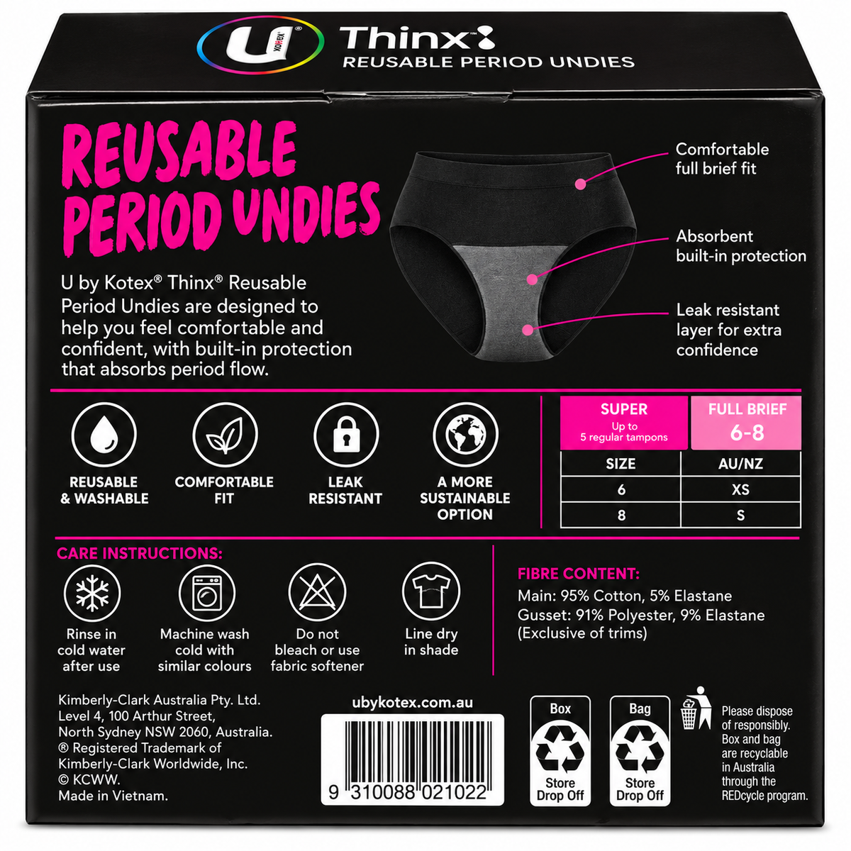 U by Kotex Thinx Period Undies Super Full Brief 6-8 Reusable 6 Pack