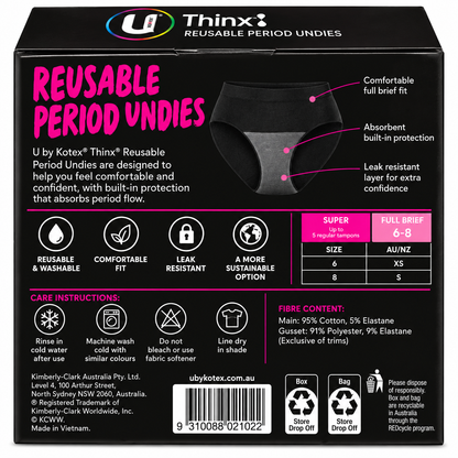 U by Kotex Thinx Period Undies Super Full Brief 6-8 Reusable 6 Pack